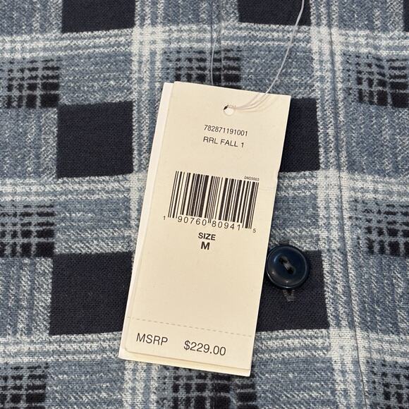$225 RRL Double RL Ralph Lauren Blue Plaid Cotton Flannel Shirt Mens Size Medium - Picture 3 of 9